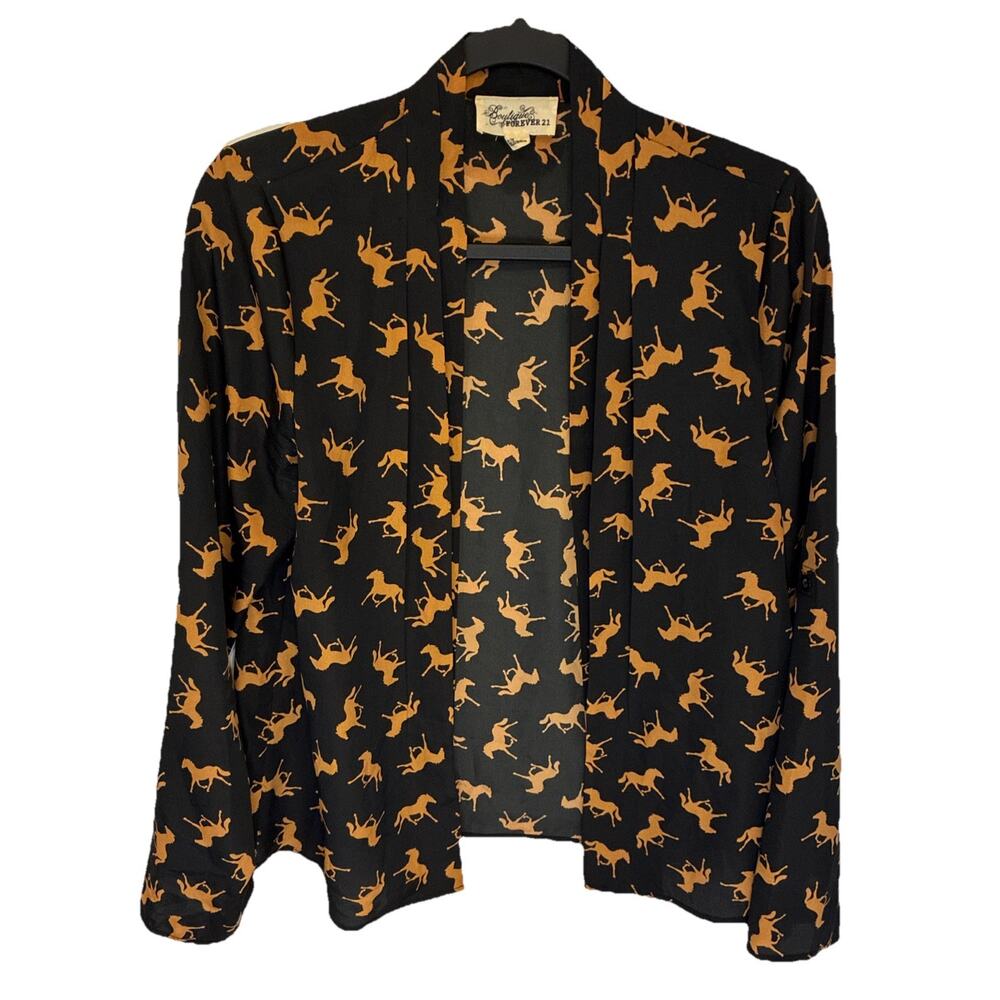 Forever 21 Black Open Blazer with Mustard Horse Print Motif